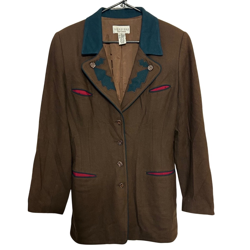 Cambridge Dry Goods Brown Teal‎ Red Trim Western Style Blazer Women Size 10